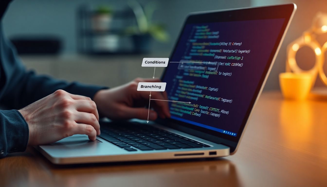 자바 조건문과 반복문 흐름도를 배경으로 노트북에서 프로그래밍하는 개발자 모습