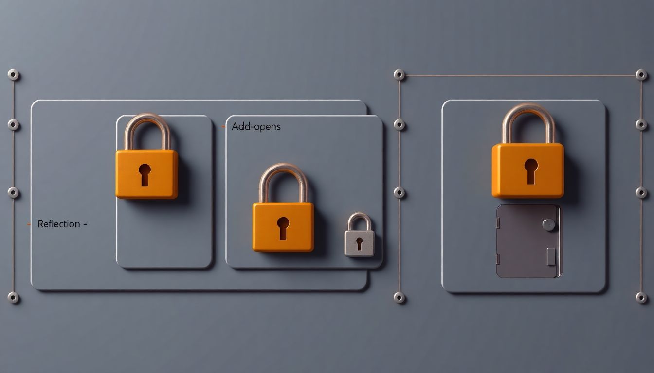 모듈 경계와 접근 제한을 나타내는 자바 모듈 시스템의 시각적 표현과 일부 개방된 게이트를 통한 JVM 옵션 홍보