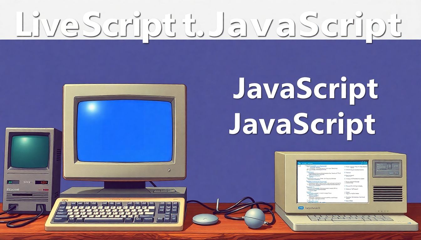 1995년 라이브스크립트가 자바스크립트로 이름이 바뀐 역사적 순간을 표현한 레트로 컴퓨터 마케팅 포스터