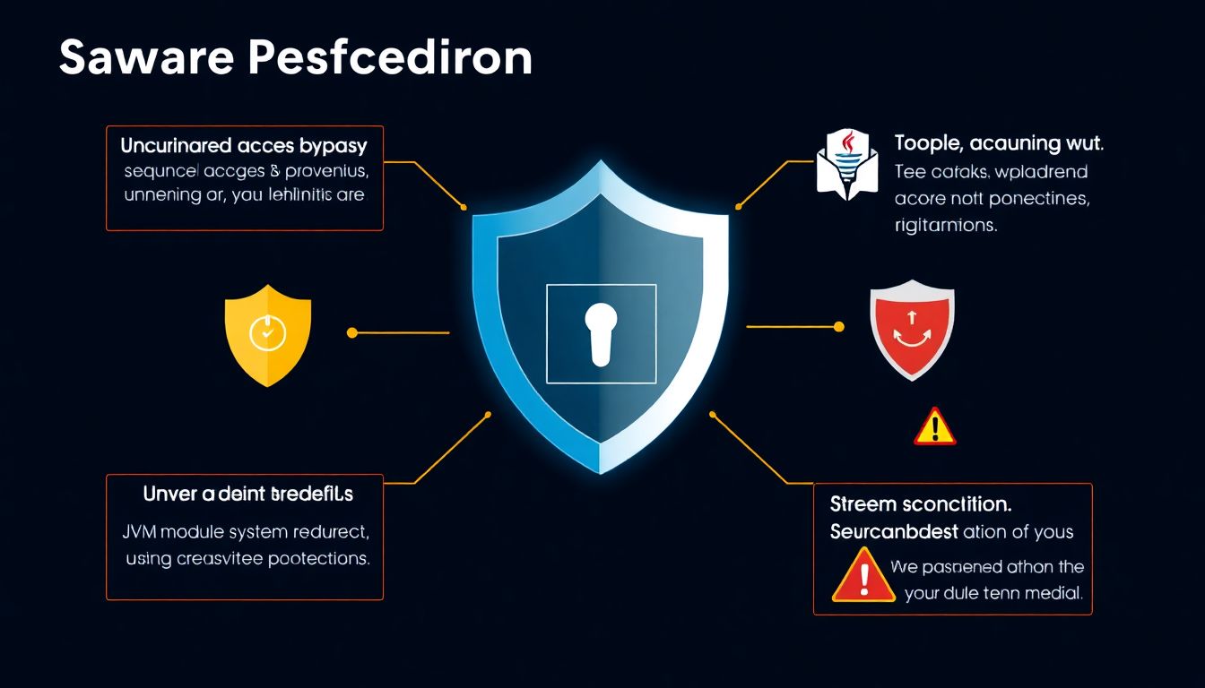 무단 접근 우회, 악성 클래스 로딩, JVM 모듈 시스템 보안 보호 등의 자바 리플렉션 보안 문제를 표현한 컴퓨팅 보안 환경 이미지