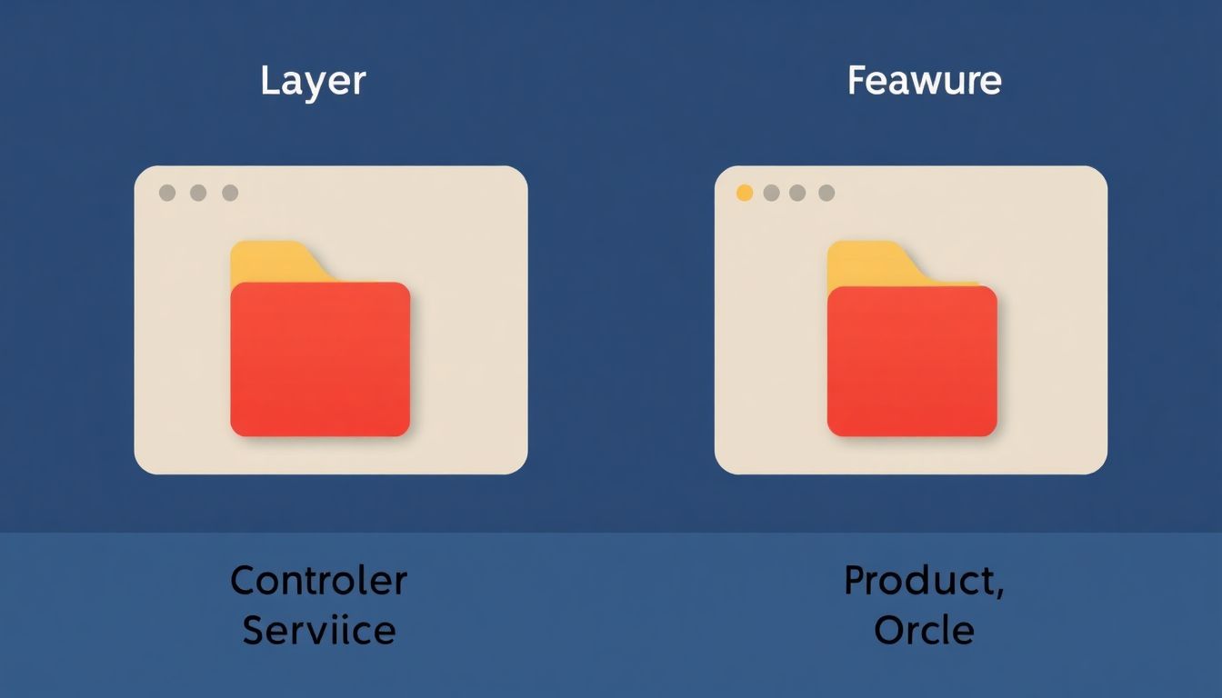 레이어별 패키징과 기능별 패키징 방식을 비교하는 일러스트
