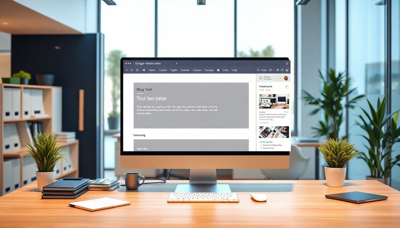 현대적인 사무실 작업 공간에 블로그 글 편집 인터페이스가 보이는 컴퓨터 화면을 보여주는 이미지