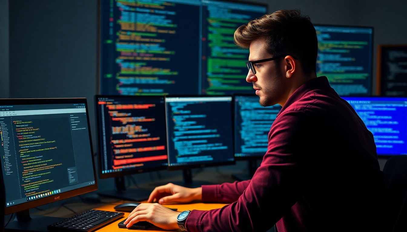 서로 다른 컴퓨터에서 환경 불일치로 인해 혼란스러워하는 개발자 모습