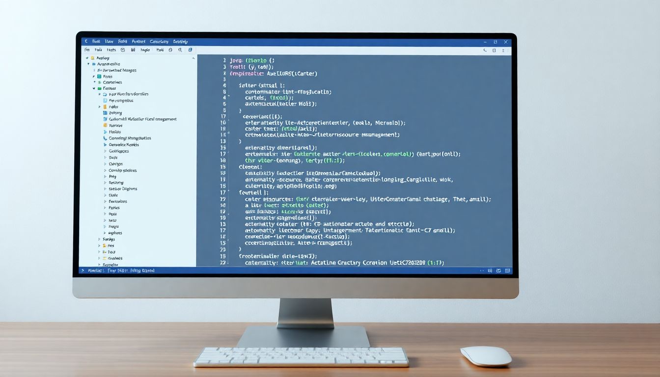 Java try-with-resources 구문이 보이는 컴퓨터 화면의 세련되고 현대적인 이미지