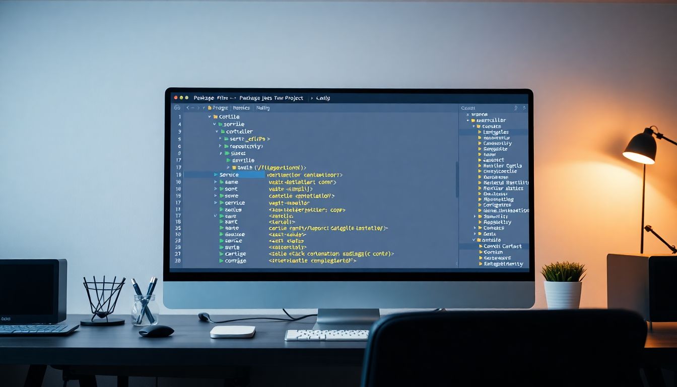 정리된 자바 프로젝트 패키지 구조를 보여주는 깔끔한 사무실 작업공간