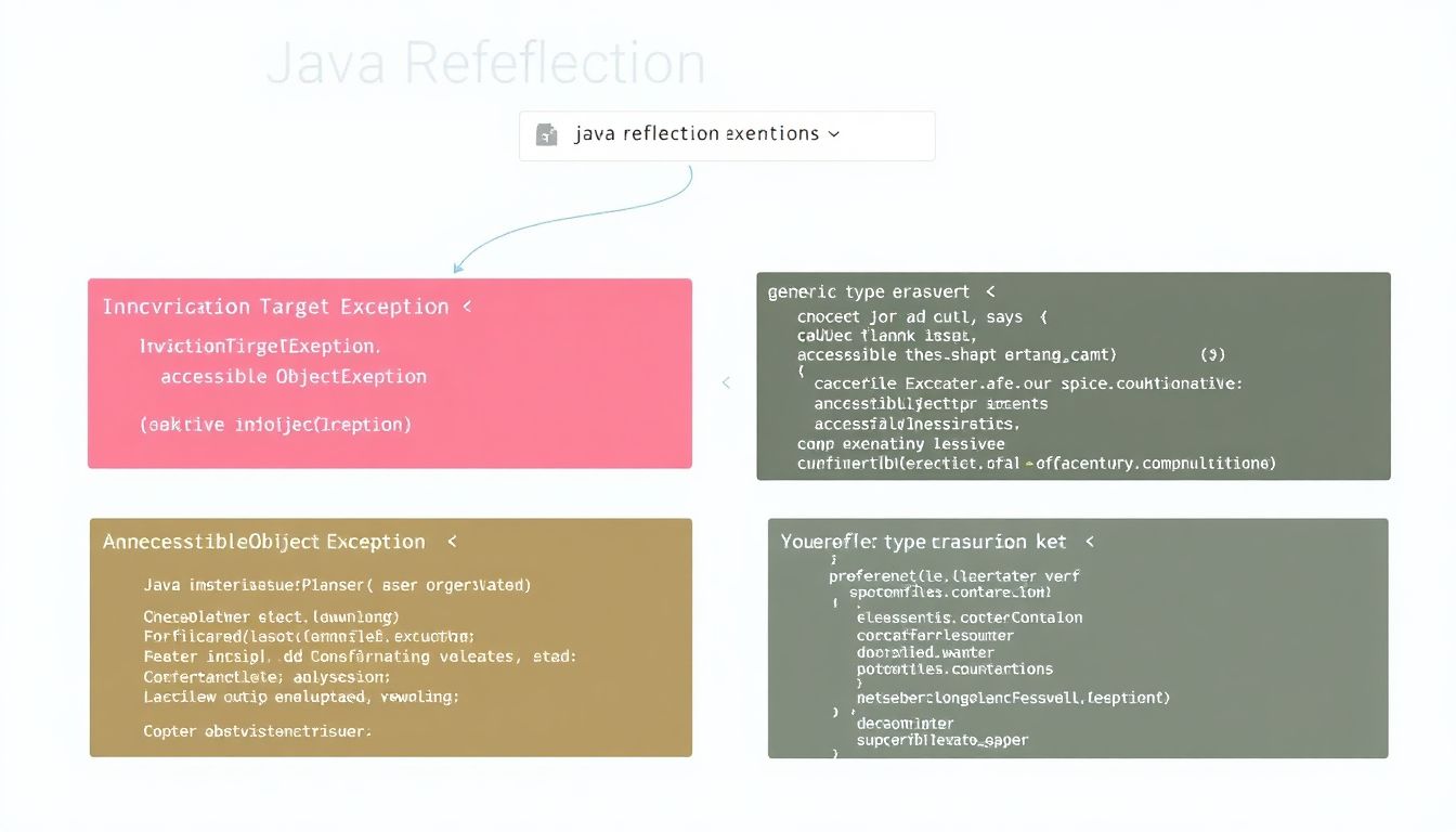 InvocationTargetException, InaccessibleObjectException, 제네릭 타입 정보 손실 등 흔한 자바 리플렉션 예외 상황을 디버깅 콘솔과 코드 스니펫과 함께 시각화한 이미지