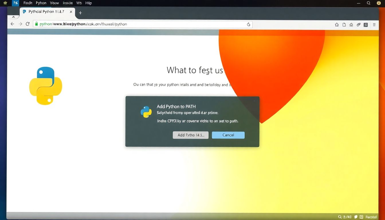 파이썬 공식 웹사이트가 배경에 있으며 Python 3.13.7 설치 과정과 경로 변수 등록 옵션이 강조된 컴퓨터 화면의 고화질 실사 이미지