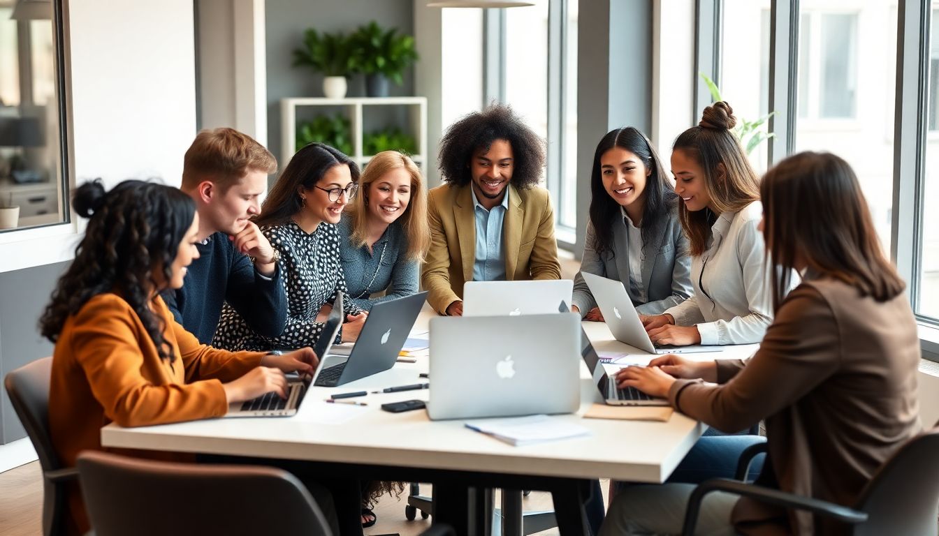 다양한 전문 콘텐츠 제작자들이 노트북과 노트를 가지고 회의하는 모습의 이미지