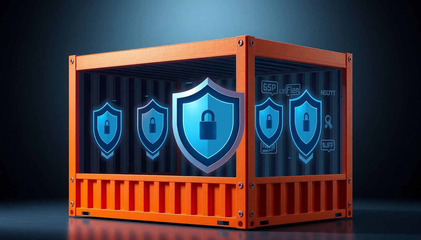 격리된 컨테이너 환경과 강력한 보안을 상징하는 방패 아이콘과 다중 방어 층을 보여주는 이미지