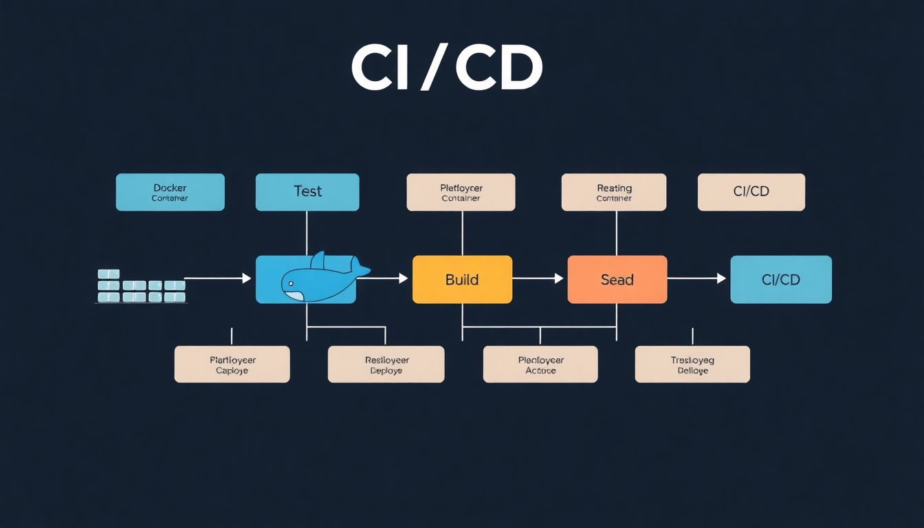 자동화된 CI/CD 파이프라인에서 도커 컨테이너가 빌드, 테스트, 배포되는 과정을 보여주는 다이어그램