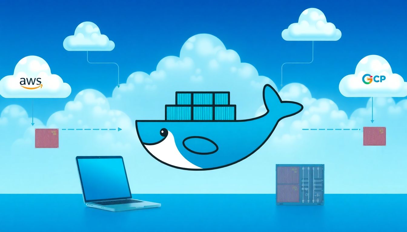 AWS, Azure, GCP 등 다양한 클라우드 및 개인 장치에서 도커 컨테이너가 원활히 실행되는 모습